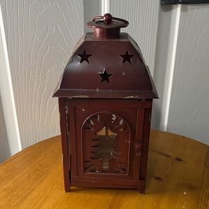St. Nicholas Square Rustic Red Metal Lantern with  Cutouts